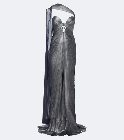 Maria Lucia Hohan Morgan Scarf-detail Pleated Silk Bustier Gown In Blue