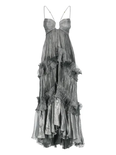 Maria Lucia Hohan Silk Draped Maxi Dress With Ruffle Details In Gray