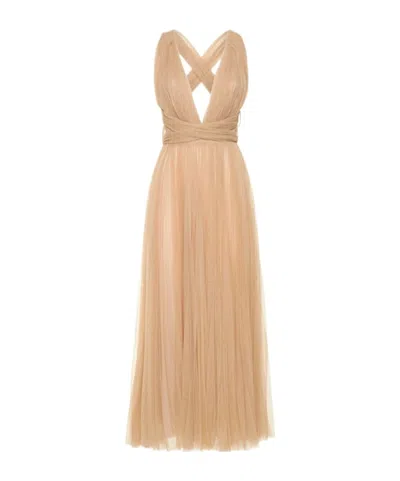 Maria Lucia Hohan Pleated Tulle Midi Dress W/ Low Back In Brown