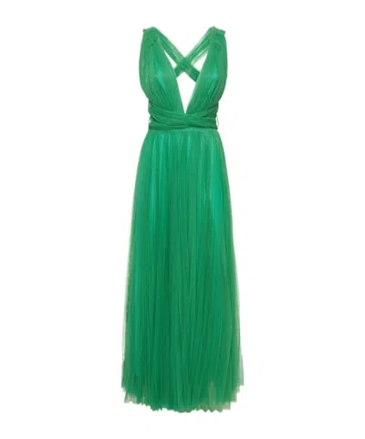 Maria Lucia Hohan Pleated Tulle Midi Dress W/ Low Back In Green