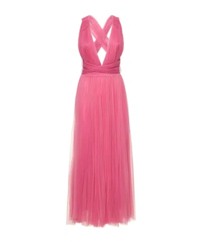 Maria Lucia Hohan Pleated Tulle Midi Dress W/ Low Back In Pink