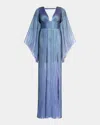 Maria Lucia Hohan Reo Harlow Long-sleeve Open-back Metallic Plisse Gown In Lagoon