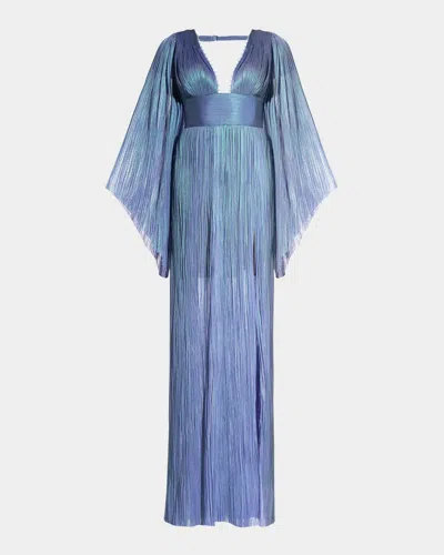 Maria Lucia Hohan Reo Harlow Long-sleeve Open-back Metallic Plisse Gown In Lagoon