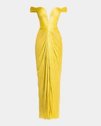 Maria Lucia Hohan Reo Tia Plunging Off-the-shoulder Slit Gown In Sunshine