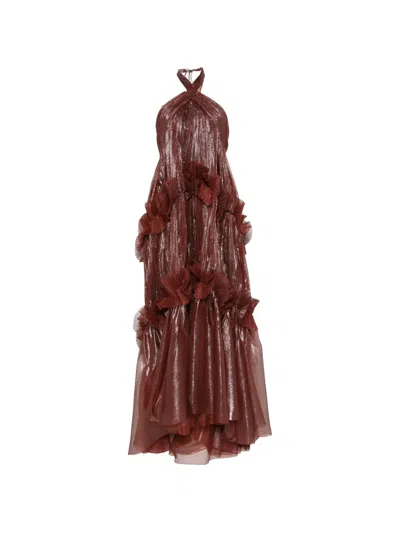 Maria Lucia Hohan Zadie Ruffled Metallic-finish Maxi Dress In Burgundy