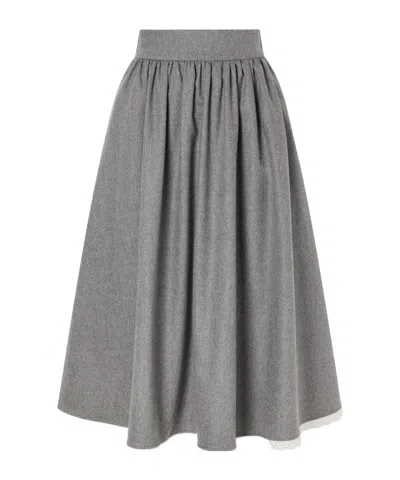 Maria Mcmanus Gathered Lace-trimmed Wool-blend Flannel Midi Skirt In Gray