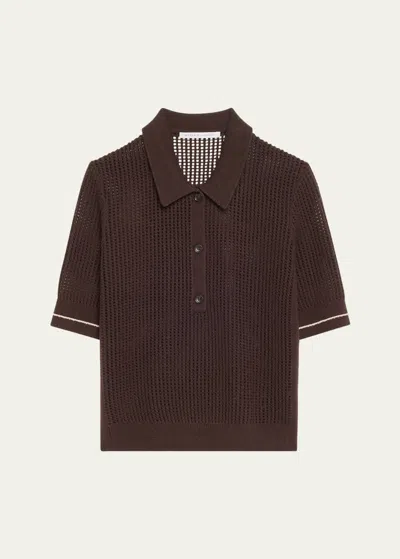Maria Mcmanus Mesh Short Sleeve Cashmere Polo Top In Chocolate