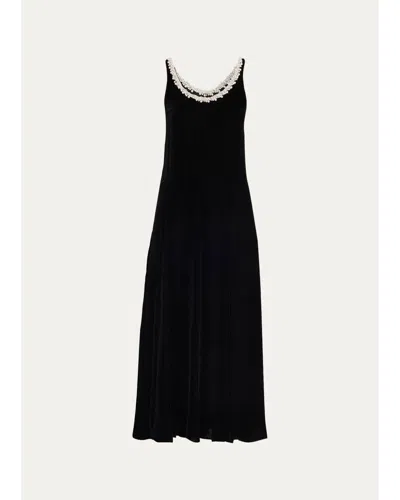 Maria Mcmanus Pearly Beaded Scoop-neck Velvet Midi Dress In Black