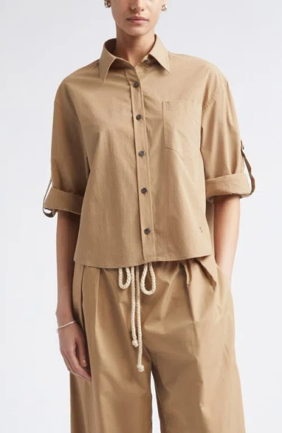 Maria Mcmanus Roll Tab Sleeve Organic Cotton Crop Button--up Shirt In Brown