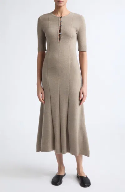 Maria Mcmanus Shell Button Merino Wool Godet Dress In Brown