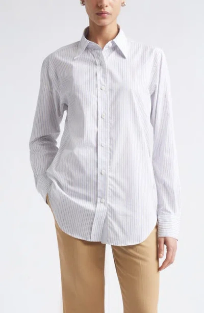 Maria Mcmanus Stripe Organic Cotton Button-up Tunic Shirt In White/blue/brown Stripe