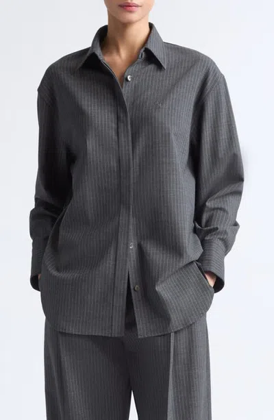 Maria Mcmanus Stripe Stretch Wool Button-up Tunic Shirt In Gray