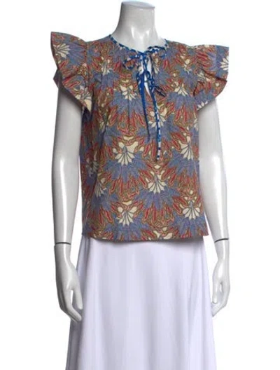 Pre-owned Maria Oliver Floral Print Tie Neck Top In Blue