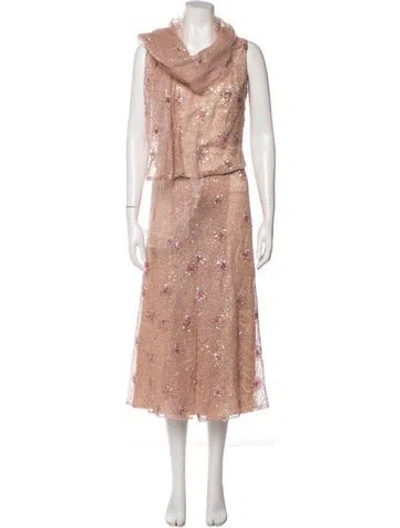 Pre-owned Maria Pinto Floral Print Mesh Accents Skirt Set In Pink