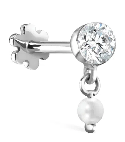 Maria Tash Invisible Set Diamond And Pearl Dangle Threaded Stud Earring In Metallic