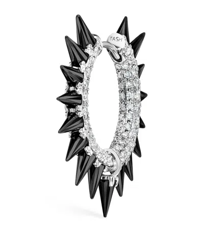 MARIA TASH WHITE GOLD BLACK MOISSANITE MOHAWK AND DIAMOND PAVÉ HOOP EARRING