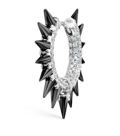 MARIA TASH WHITE GOLD BLACK MOISSANITE MOHAWK AND DIAMOND PAVÉ HOOP EARRING