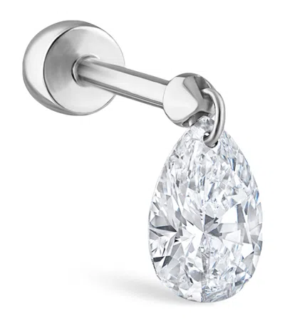 Maria Tash White Gold Floating Pear Diamond Charm Threaded Stud Earring In Metallic