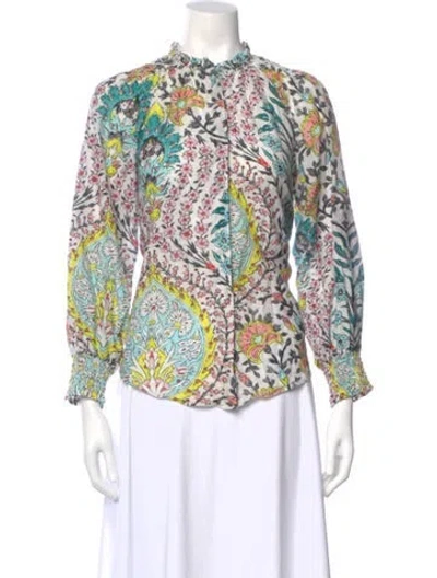Pre-owned Mariacher. Floral Print Long Sleeve Blouse In White