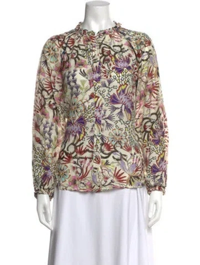 Pre-owned Mariacher. Floral Print Long Sleeve Blouse In White