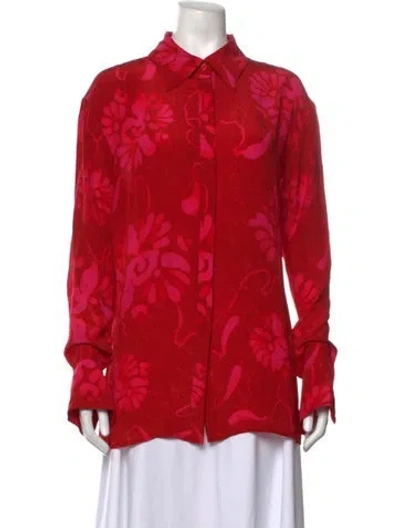 Pre-owned Mariacher. Floral Print Long Sleeve Button-up Top In Red