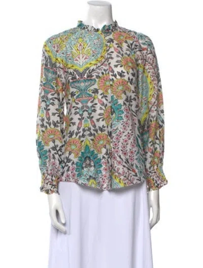 Pre-owned Mariacher. Floral Print Mock Neck Blouse In Blue