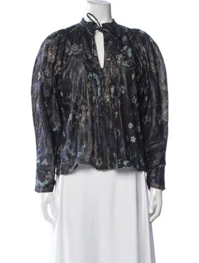 Pre-owned Mariacher. Floral Print Tie Neck Blouse In Blue