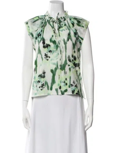 Pre-owned Mariacher. Floral Print Tie Neck Blouse In Green