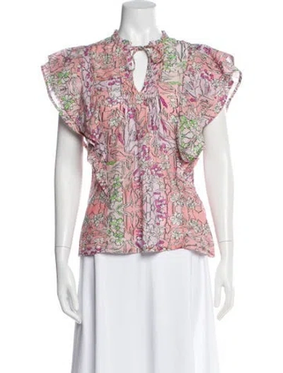 Pre-owned Mariacher. Floral Print Tie Neck Blouse In Pink