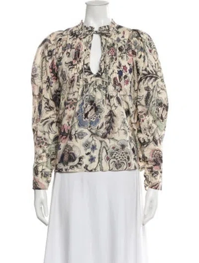 Pre-owned Mariacher. Floral Print Tie Neck Blouse In White
