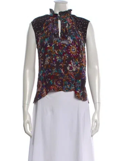 Pre-owned Mariacher. Floral Print Tie Neck Top In Blue