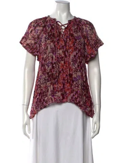 Pre-owned Mariacher. Floral Print Tie Neck Top In Red