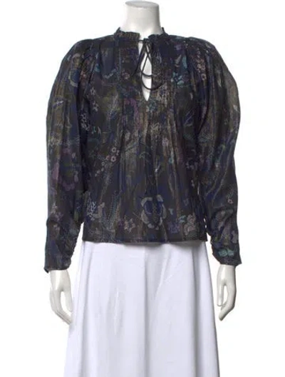 Pre-owned Mariacher. Printed Tie Neck Blouse In Blue/metallic