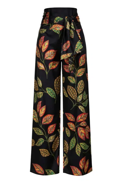 Marianna Déri Women's Black Wide-leg Trousers With Leaf Print And Tie Belt