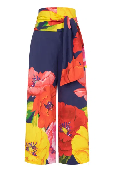 Marianna Déri Women's Blue Wide-leg Trousers With Maxi Floral Print And Tie Belt