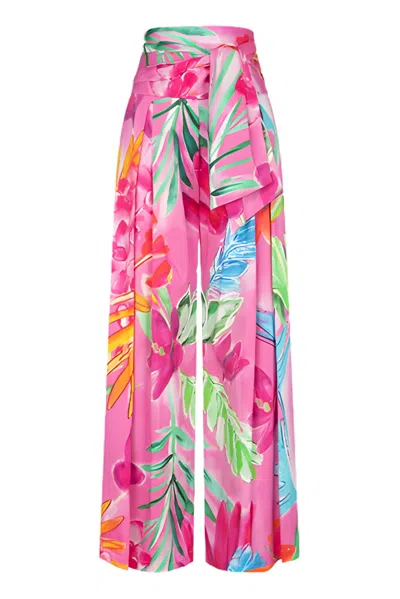 Marianna Déri Women's Pink Palazzo Pants With Floral Print And Tie Belt