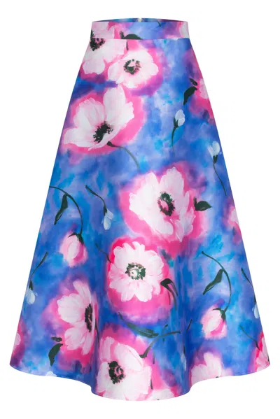 Marianna Déri Women's White / Blue / Pink Watercolour Blossom Midi Skirt In Multi