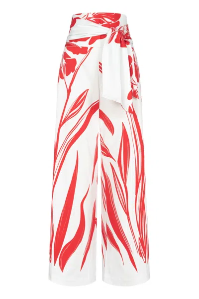 Marianna Déri Women's White / Red Wide-leg Pants With Botanical Print And Tie Belt