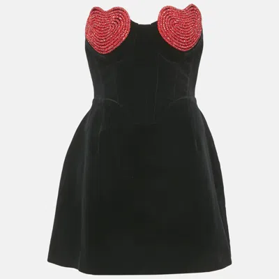 Pre-owned Marianna Senchina Black Velvet Heart Studded Strapless Mini Dress M