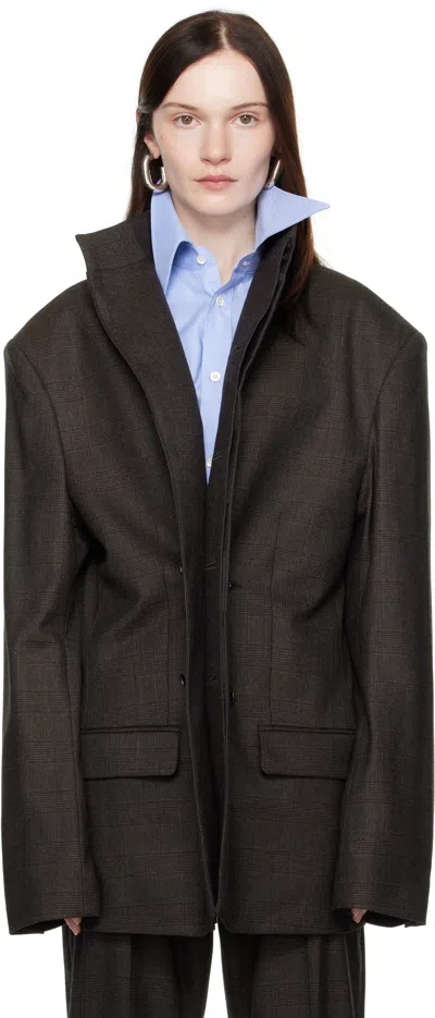 Marie Adam-leenaerdt Brown High Neck Jacket In 7023 Brown Check