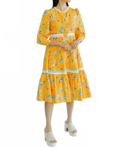 Marie By Victoria Dunn Amelie Bananas Midi Dress In Gold In Yellow