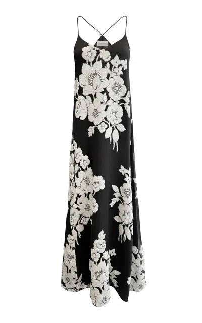 Marie France Van Damme Rose Bouquet Metallic Silk-blend Dress In Black,white