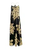 Marie France Van Damme Rose-print Metallic Silk-blend Maxi Dress In Black