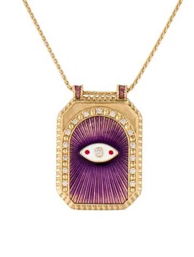 Pre-owned Marie Lichtenberg 18k Diamond Eye Protect Purple Scapular Enamel Pendant Necklace, 20.5"