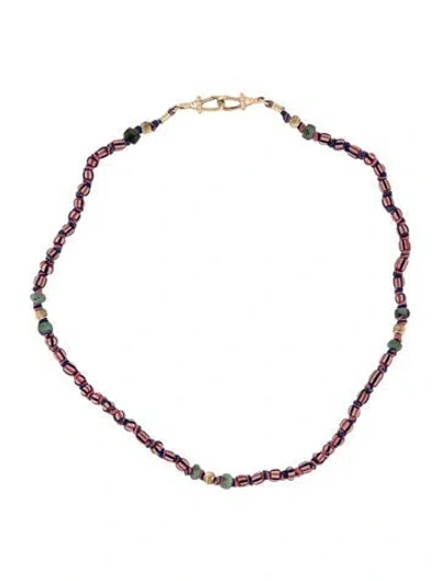 Pre-owned Marie Lichtenberg 9k Corded Glass & Emerald Mauli Beads Necklace, 15.25" In Blue/pink/red