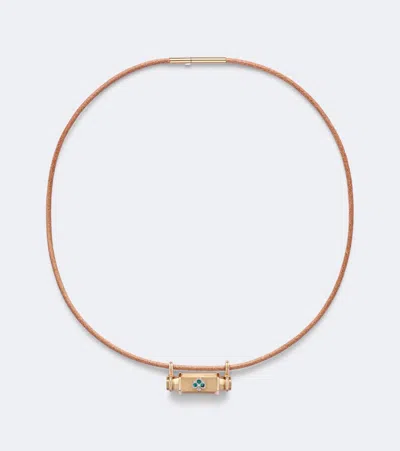 Marie Lichtenberg Clover Smash 18kt Gold And Leather Locket Necklace With Emeralds