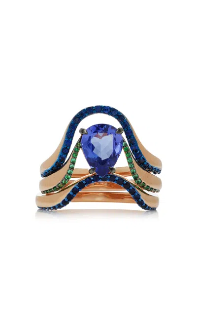 Marie Mas N°28 18k Rose Gold Tanzanite; Emerald And Sapphire Ring In Blue
