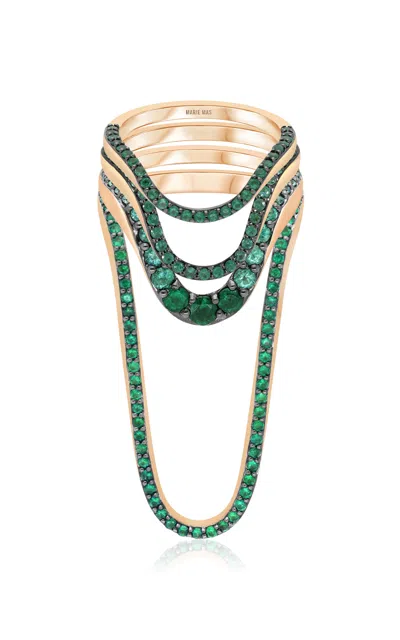 Marie Mas Set-of-four 18k Rose Gold Emerald Rings In Green