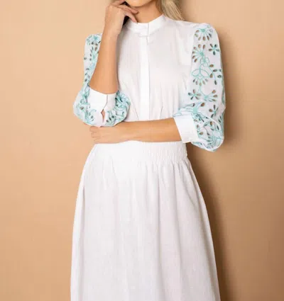 Marie Mercié Estela Cotton Blouse In White With Aqua In Multi