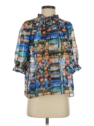 Pre-owned Marie Oliver 3/4 Sleeve Silk Top Blue Tie Neck Tops